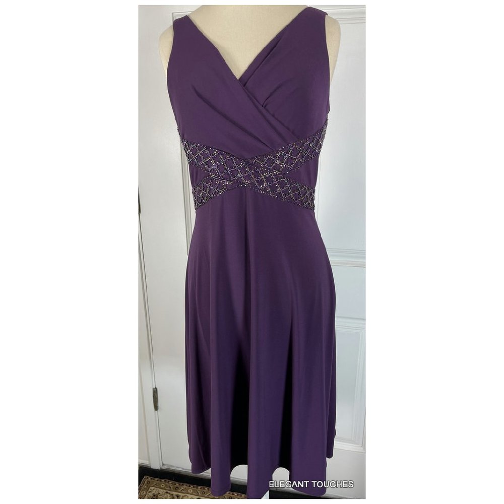 Jessica Howard Petite Sleeveless Purple Knit Dress 4P Womens Beaded Party V-Neck